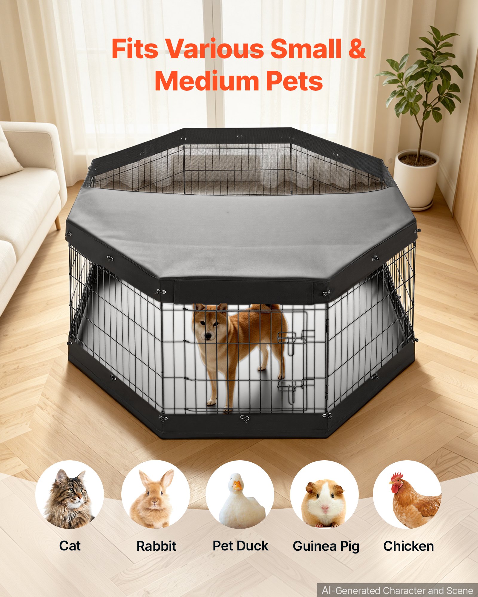 VEVOR Dog Playpen 30 Inch 8 Panels Exercise Pen with Top Cover & Bottom Pad, Indoor Foldable Metal Pet Fence with Door, Heavy Duty Puppy Crate Kennel Pen for Dogs, Cats, and Other Small Animals, Black
