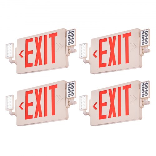 VEVOR LED Exit Sign with Emergency Lights, Two Heads Emergency Exit Light with Battery Backup, Combo Red Letter Fire Exit Lighting, Commercial Exit Signs for Business, White Housing, UL Listed, 4 Pack