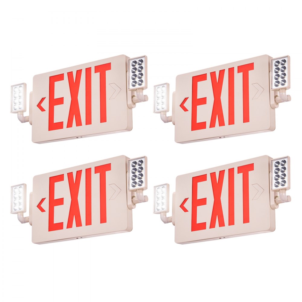 four VEVOR led exit signs with red letters and side lights, arranged in a grid pattern.