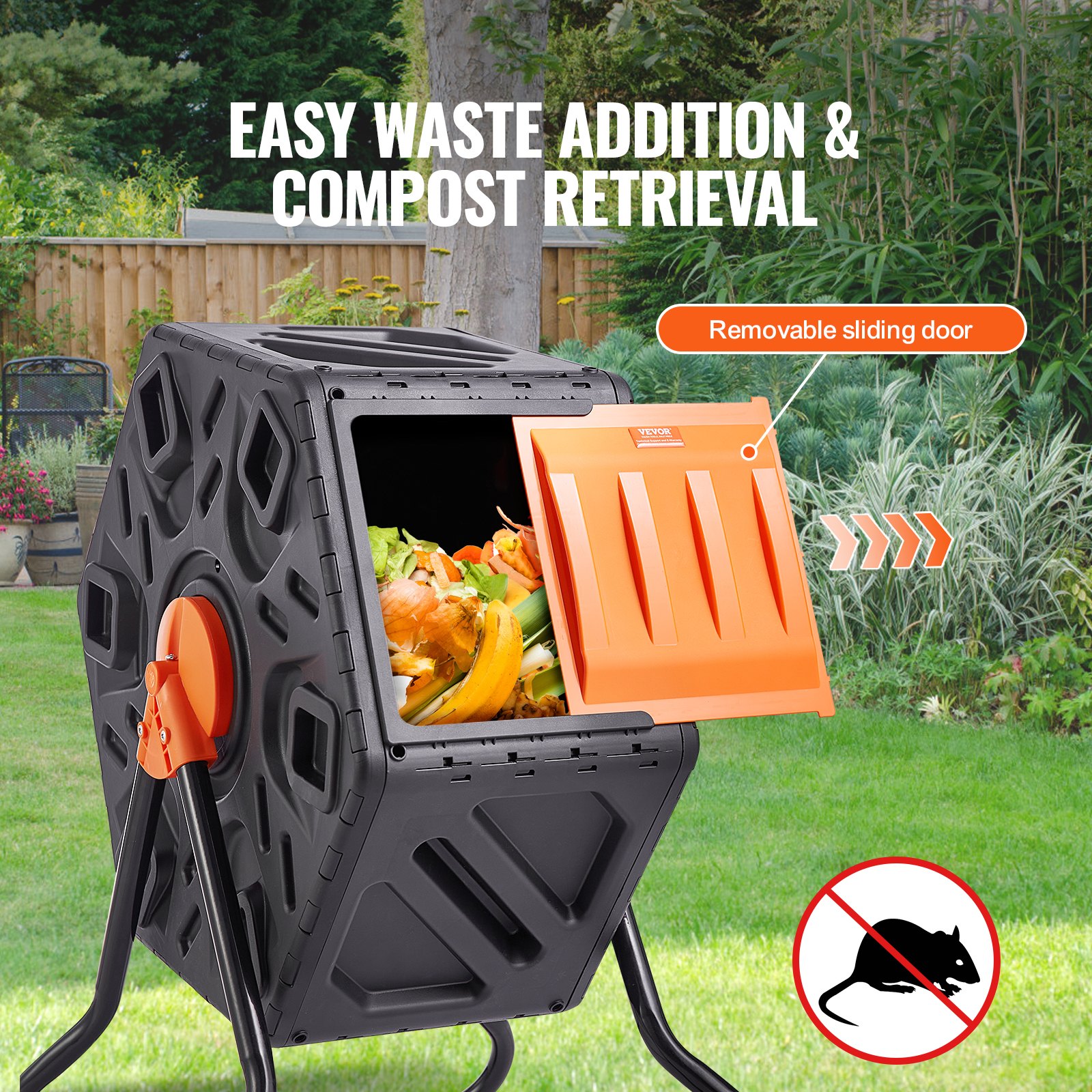 VEVOR Compost Bin, 70 L Small Composting Tumbler, Compact Single Rotating Chamber with Sliding Door and Steel Frame, BPA Free Composter Bin Tumbler for Garden, Kitchen, Yard, Outdoor