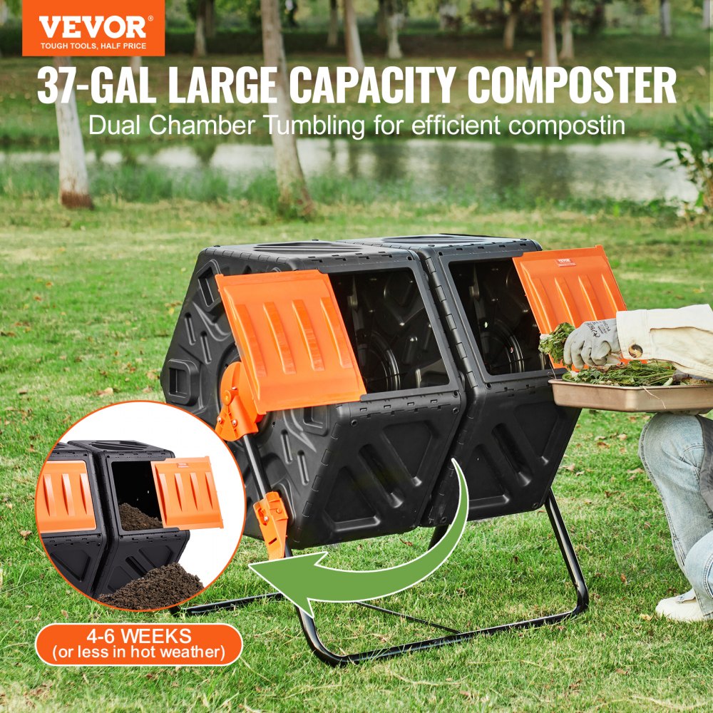 Compost Bin, 37-Gal Dual Chamber Composting Tumbler, High Volume Two Rotating Chambers with 2 Sliding Door and Steel Frame, BPA Free Composter Bin Tumbler for Garden, Kitchen, Yard, Outdoor Compost Bin, 37-Gal Dual Chamber Composting Tumbler, High Volume Two Rotating Chambers with 2 Sliding Door and Steel Frame, BPA Free Composter Bin Tumbler for Garden, Kitchen, Yard, Outdoor