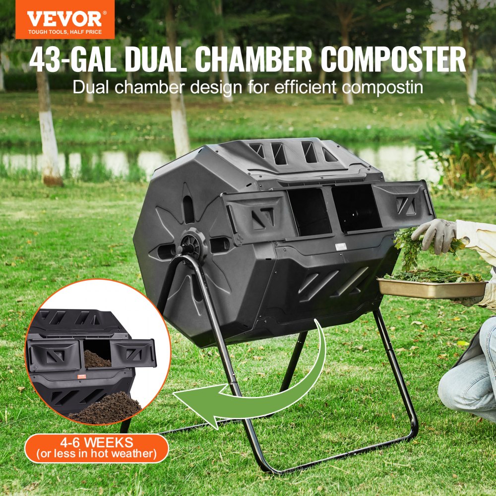 Compost Bin, 43-Gal Dual Chamber Composting Tumbler, Large Tumbling Rotating Composter with 2 Sliding Doors and Steel Frame, BPA Free Composter Bin Tumbler for Garden, Kitchen, Yard, Outdoor Compost Bin, 43-Gal Dual Chamber Composting Tumbler, Large Tumbling Rotating Composter with 2 Sliding Doors and Steel Frame, BPA Free Composter Bin Tumbler for Garden, Kitchen, Yard, Outdoor