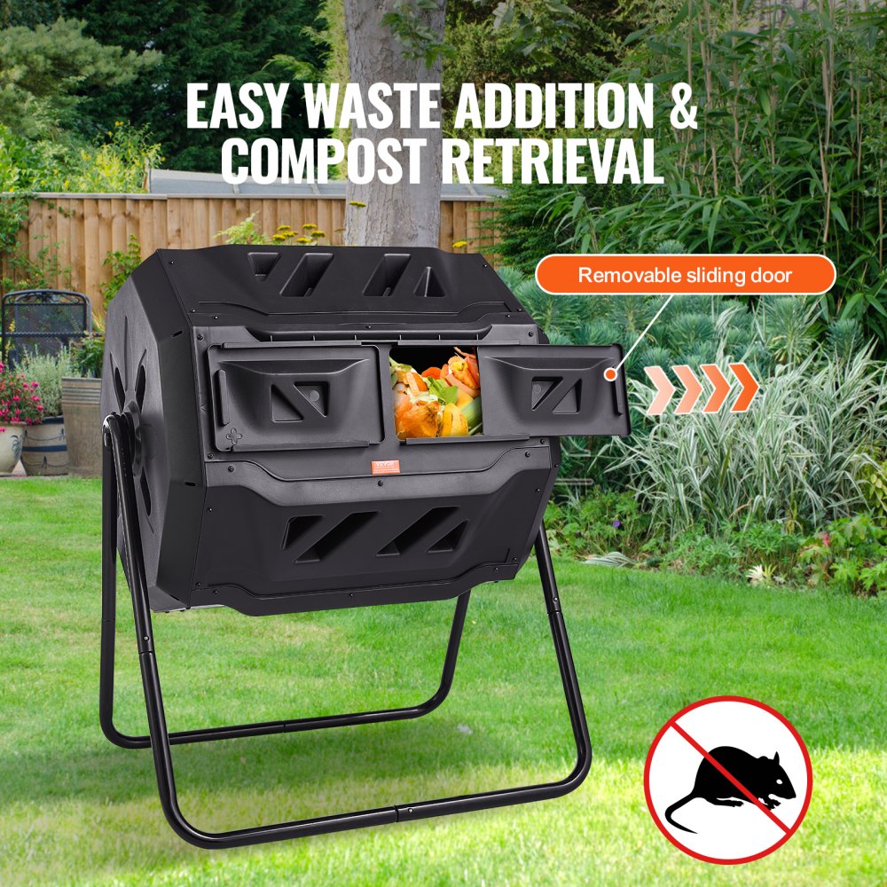 VEVOR Compost Bin, 162.8 L Dual Chamber Composting Tumbler, Large Tumbling Rotating Composter with 2 Sliding Doors and Steel Frame, BPA Free Composter Bin Tumbler for Garden, Kitchen, Yard, Outdoor