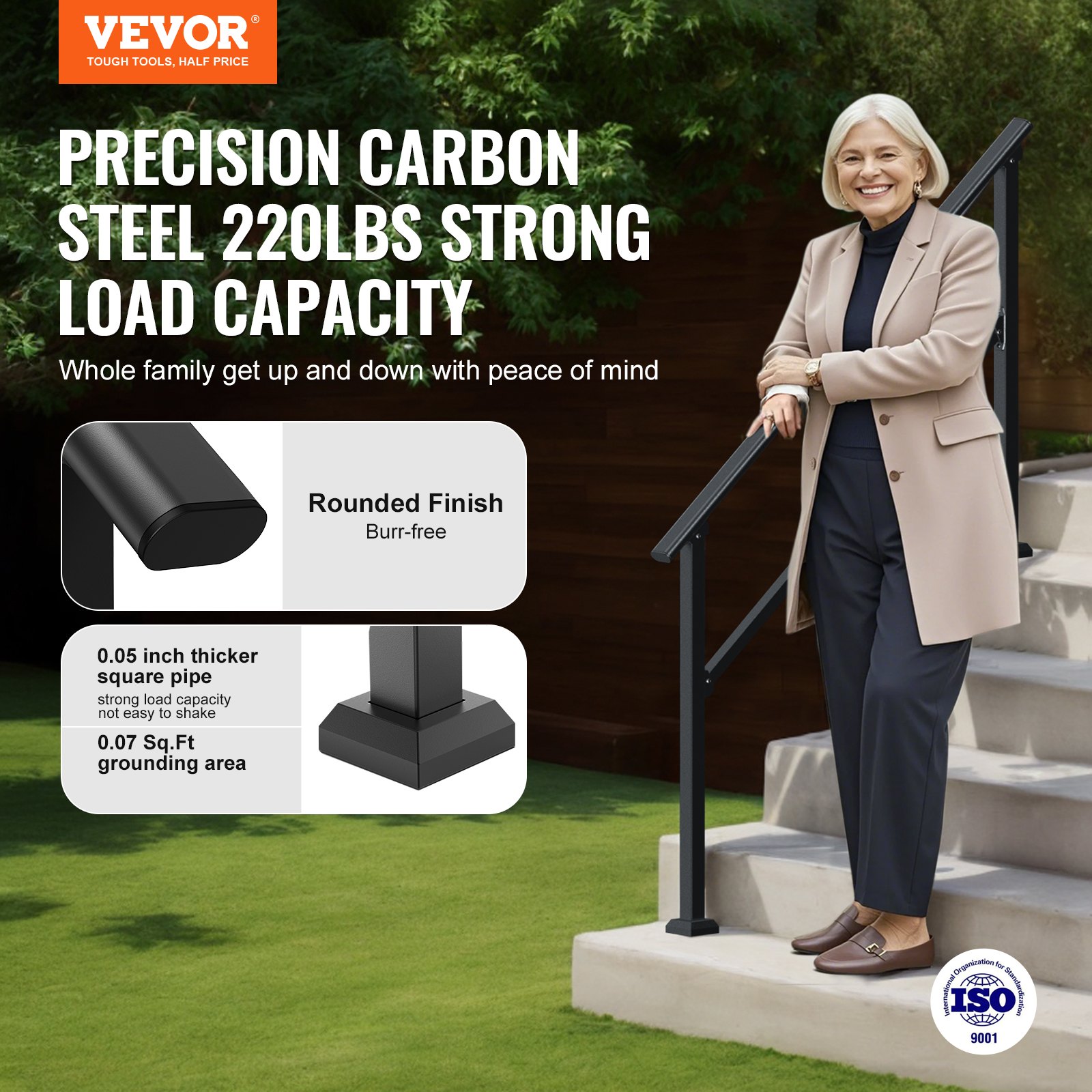 VEVOR Handrails for Outdoor Steps, 4-5 Step Stair Hand Rail Kit, Transitional Carbon Steel Railings with Installation Kit, Stair Rails for Seniors, Concrete Steps & Porch & Deck, Black Square Tube