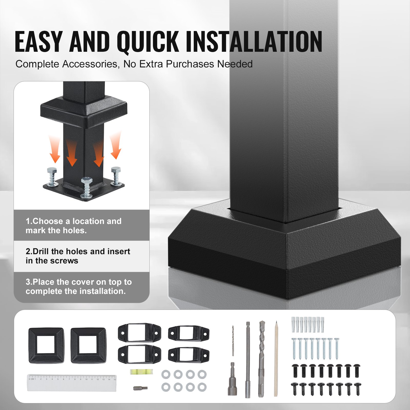 VEVOR Handrails for Outdoor Steps, 4-5 Step Stair Hand Rail Kit, Transitional Carbon Steel Railings with Installation Kit, Stair Rails for Seniors, Concrete Steps & Porch & Deck, Black Square Tube