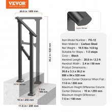 VEVOR 1-2 Handrails for Outdoor for Seniors Porch Deck Black Square Tube Steel