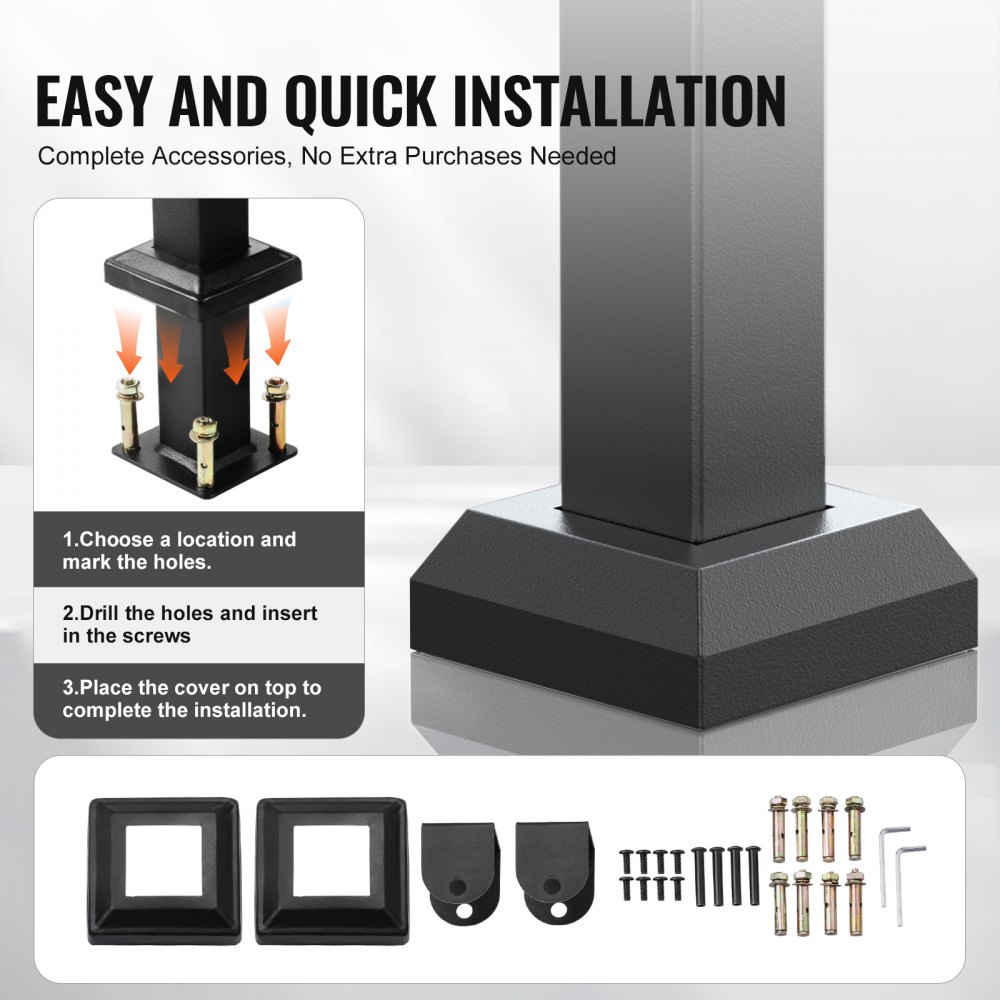 VEVOR Outdoor Handrails for Steps, 2-3 Step Stair Rail Kit, Black Square Tube with Horizontal Bar, Carbon Steel Support Rails for Seniors, Concrete & Deck Stairs, Easy Installation