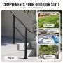 VEVOR Outdoor Handrails for Steps, 2-3 Step Stair Rail Kit, Black Square Tube with Horizontal Bar, Carbon Steel Support Rails for Seniors, Concrete & Deck Stairs, Easy Installation