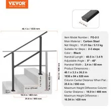 VEVOR Outdoor Handrails for 2-3 Step Stairs Black Square Tube Easy Install