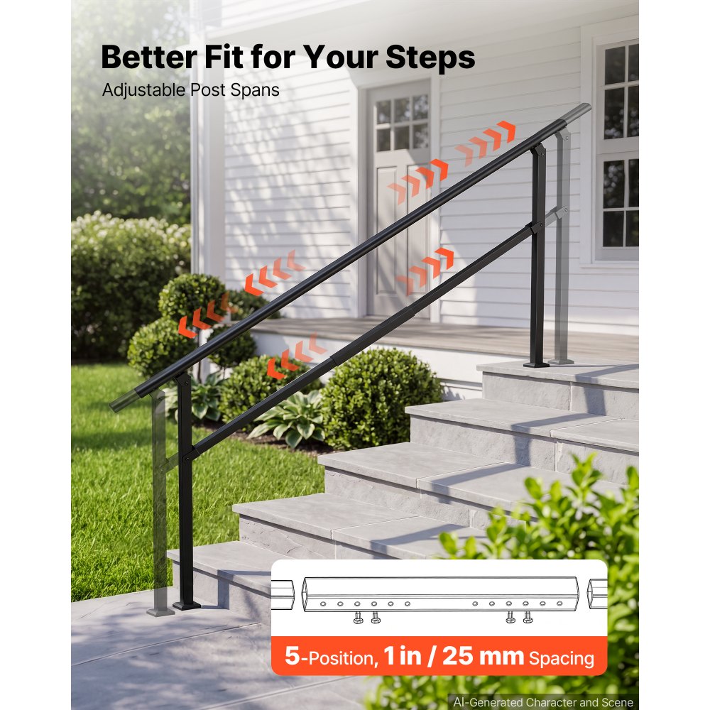 VEVOR Handrails for Outdoor Steps, 5-7 Step Stair Hand Rail Kit, Black, Square Tube Stair Rails for Seniors, Concrete Steps & Porch & Deck, Heavy-Duty Carbon Steel Railings with Installation Kit