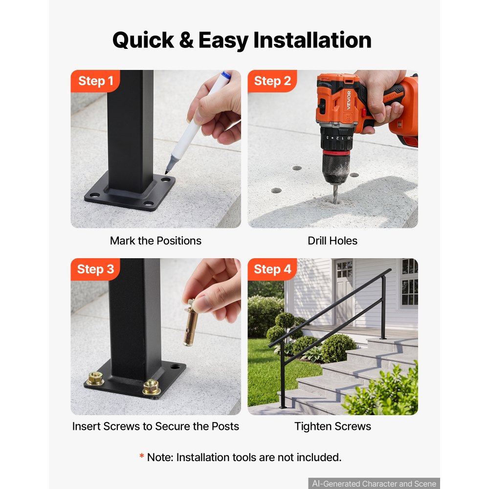 VEVOR Handrails for Outdoor Steps, 5-7 Step Stair Hand Rail Kit, Black, Square Tube Stair Rails for Seniors, Concrete Steps & Porch & Deck, Heavy-Duty Carbon Steel Railings with Installation Kit