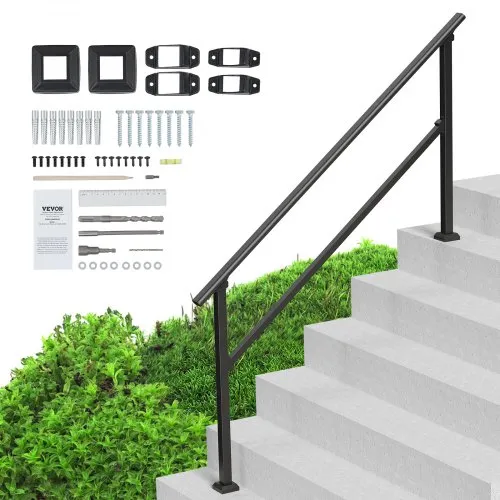 VEVOR Handrails for Outdoor Steps, 5 Step Stair Hand Rail Kit, Transitional Carbon Steel Railings with Installation Kit, Stair Rails for Seniors, Concrete Steps & Porch & Deck, Black Square Tube