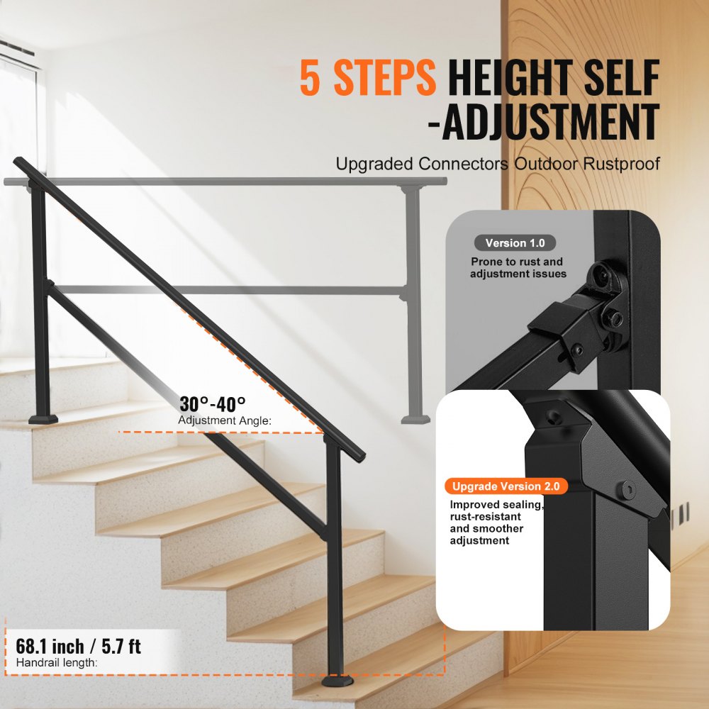 VEVOR Handrails for Outdoor Steps, 5 Step Stair Hand Rail Kit, Transitional Carbon Steel Railings with Installation Kit, Stair Rails for Seniors, Concrete Steps & Porch & Deck, Black Square Tube
