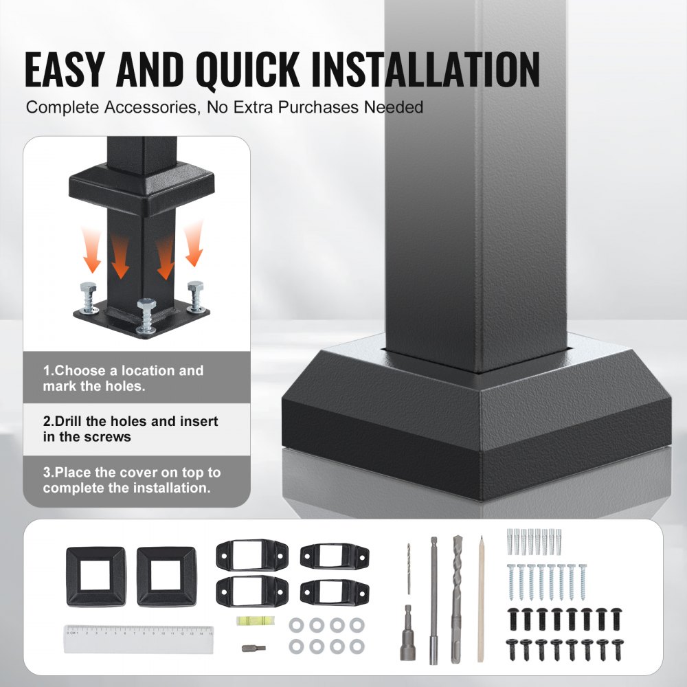 VEVOR Handrails for Outdoor Steps, 5 Step Stair Hand Rail Kit, Transitional Carbon Steel Railings with Installation Kit, Stair Rails for Seniors, Concrete Steps & Porch & Deck, Black Square Tube