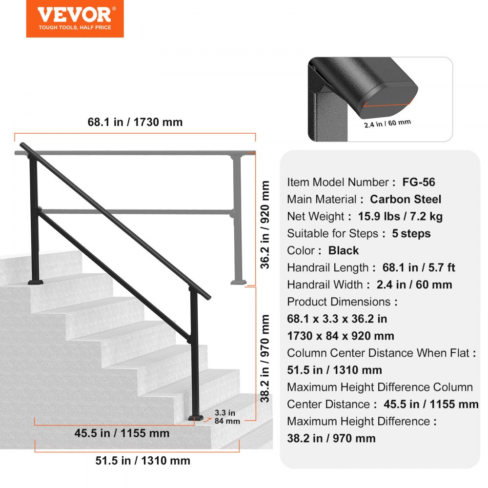 VEVOR Handrails for Outdoor Steps, 5 Step Stair Hand Rail Kit, Transitional Carbon Steel Railings with Installation Kit, Stair Rails for Seniors, Concrete Steps & Porch & Deck, Black Square Tube