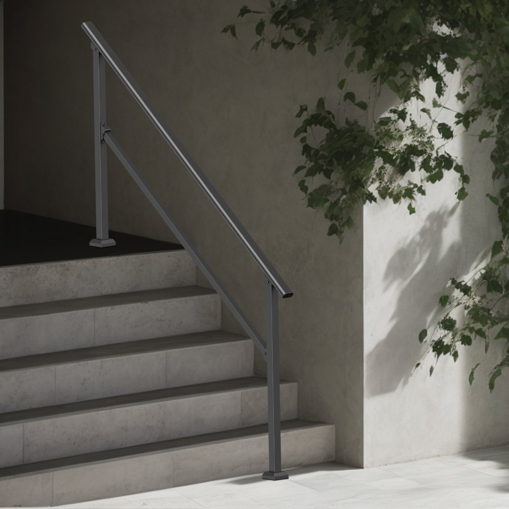 VEVOR Handrails for Outdoor Steps, 5 Step Stair Hand Rail Kit, Transitional Carbon Steel Railings with Installation Kit, Stair Rails for Seniors, Concrete Steps & Porch & Deck, Black Square Tube