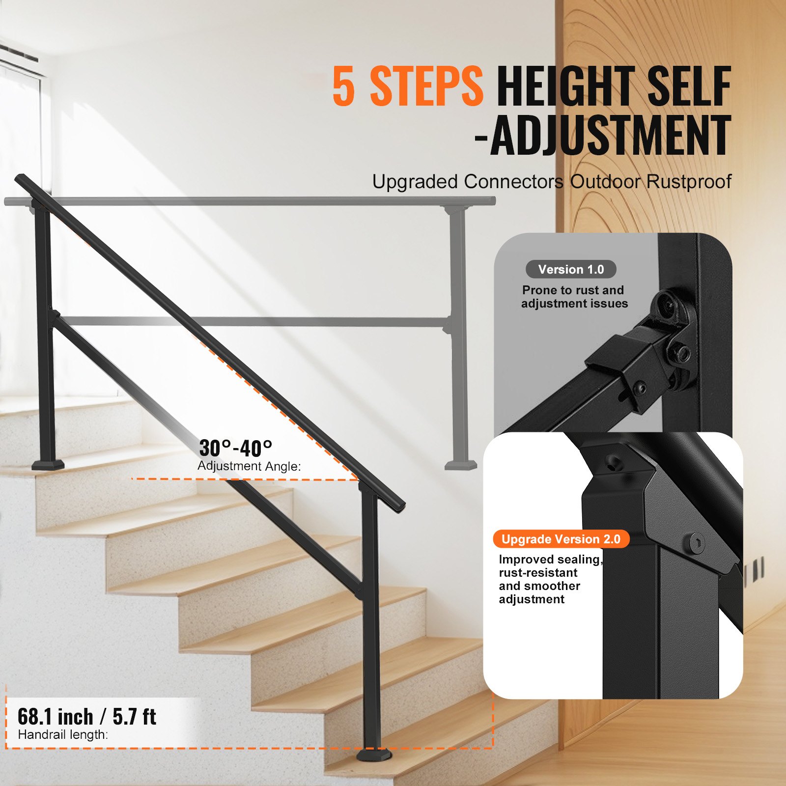 VEVOR Handrails for Outdoor Steps, 5 Step Stair Hand Rail Kit, Transitional Carbon Steel Railings with Installation Kit, Stair Rails for Seniors, Concrete Steps & Porch & Deck, Black Square Tube