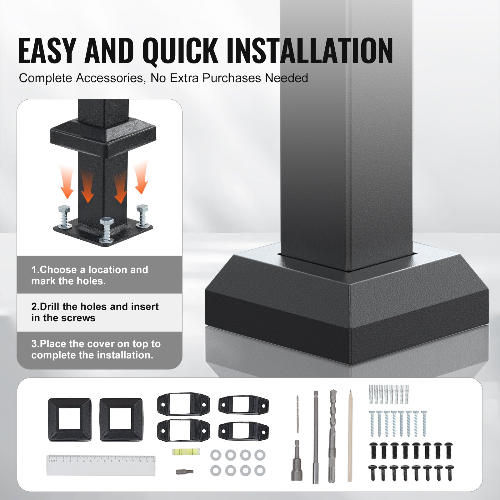 VEVOR Handrails for Outdoor Steps, 5 Step Stair Hand Rail Kit, Transitional Carbon Steel Railings with Installation Kit, Stair Rails for Seniors, Concrete Steps & Porch & Deck, Black Square Tube