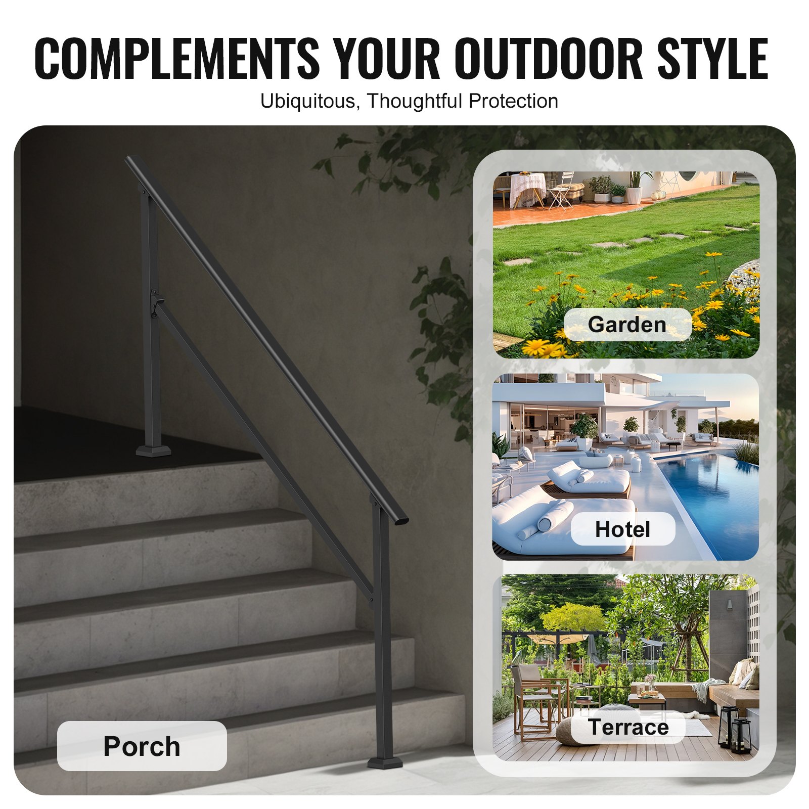 VEVOR Handrails for Outdoor Steps, 5 Step Stair Hand Rail Kit, Transitional Carbon Steel Railings with Installation Kit, Stair Rails for Seniors, Concrete Steps & Porch & Deck, Black Square Tube