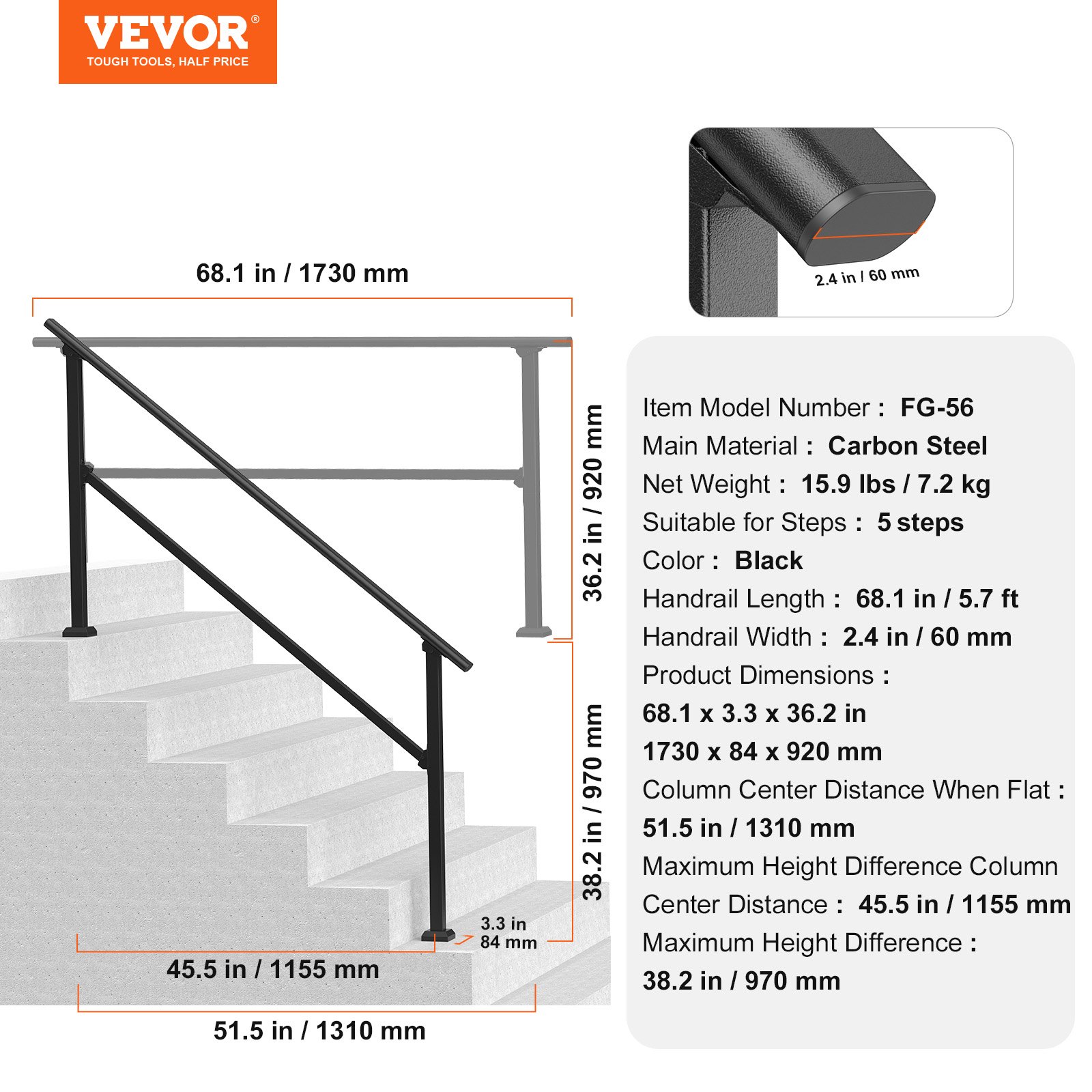 VEVOR Handrails for Outdoor Steps, 5 Step Stair Hand Rail Kit, Transitional Carbon Steel Railings with Installation Kit, Stair Rails for Seniors, Concrete Steps & Porch & Deck, Black Square Tube