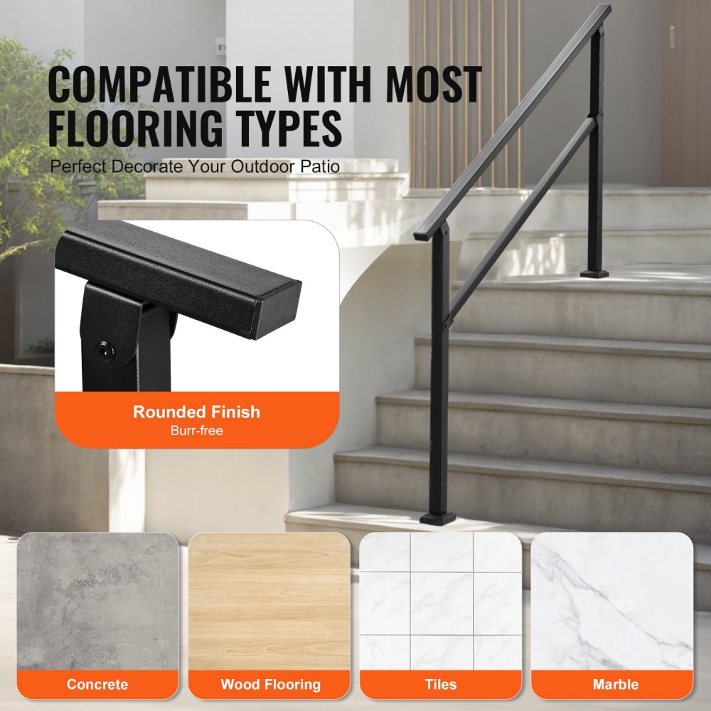 VEVOR Outdoor Handrails for Steps, 4-5 Step Stair Rail Kit, Black Square Tube with Horizontal Bar, Carbon Steel Support Rails for Seniors, Concrete & Deck Stairs, Easy Installation