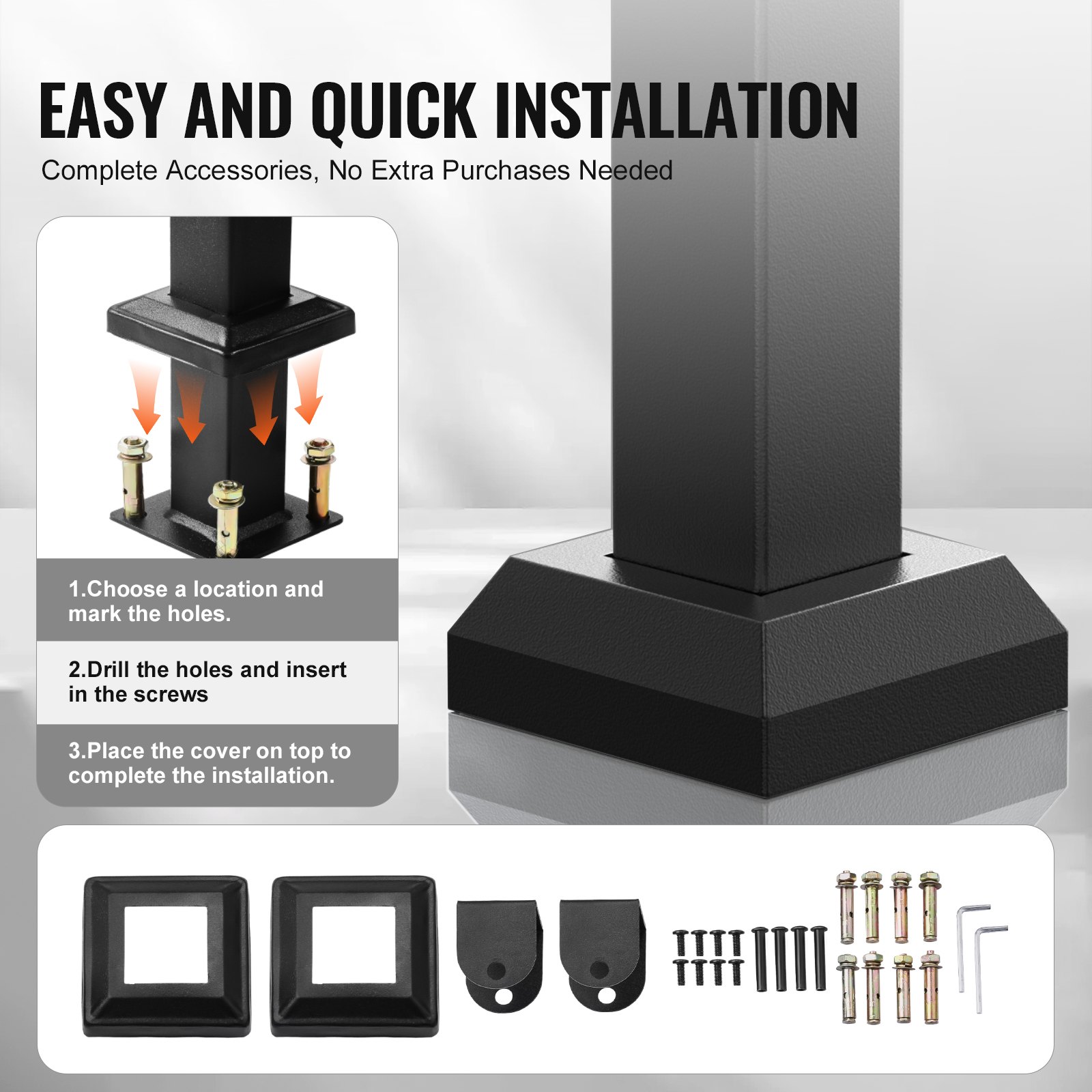 VEVOR Outdoor Handrails for Steps, 4-5 Step Stair Rail Kit, Black Square Tube with Horizontal Bar, Carbon Steel Support Rails for Seniors, Concrete & Deck Stairs, Easy Installation