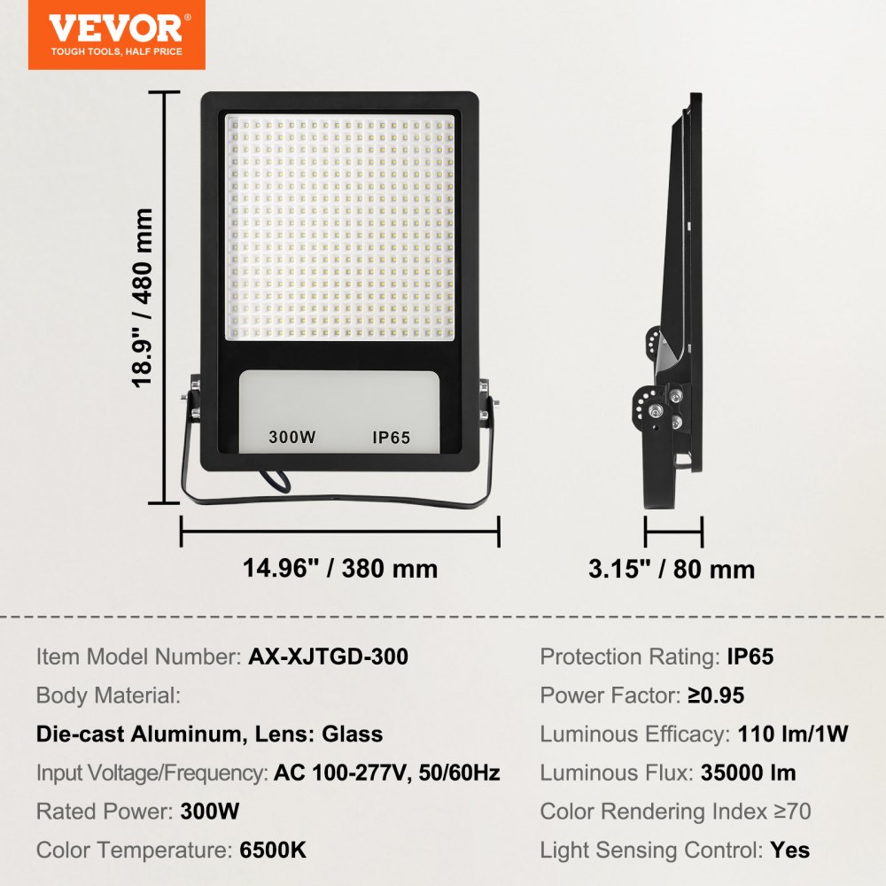 Foco LED para estadios VEVOR, 300 W, 35 000 LM, luz blanca diurna de 6500 K, foco exterior brillante con enchufe, IP65, resistente al agua, para parques infantiles, patios y jardines.
