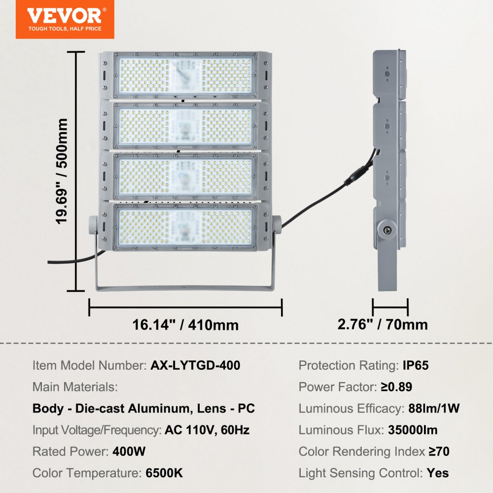 VEVOR LED Stadium Light 400W 35000LM LED Flood Light 6500K Daylight White IP65