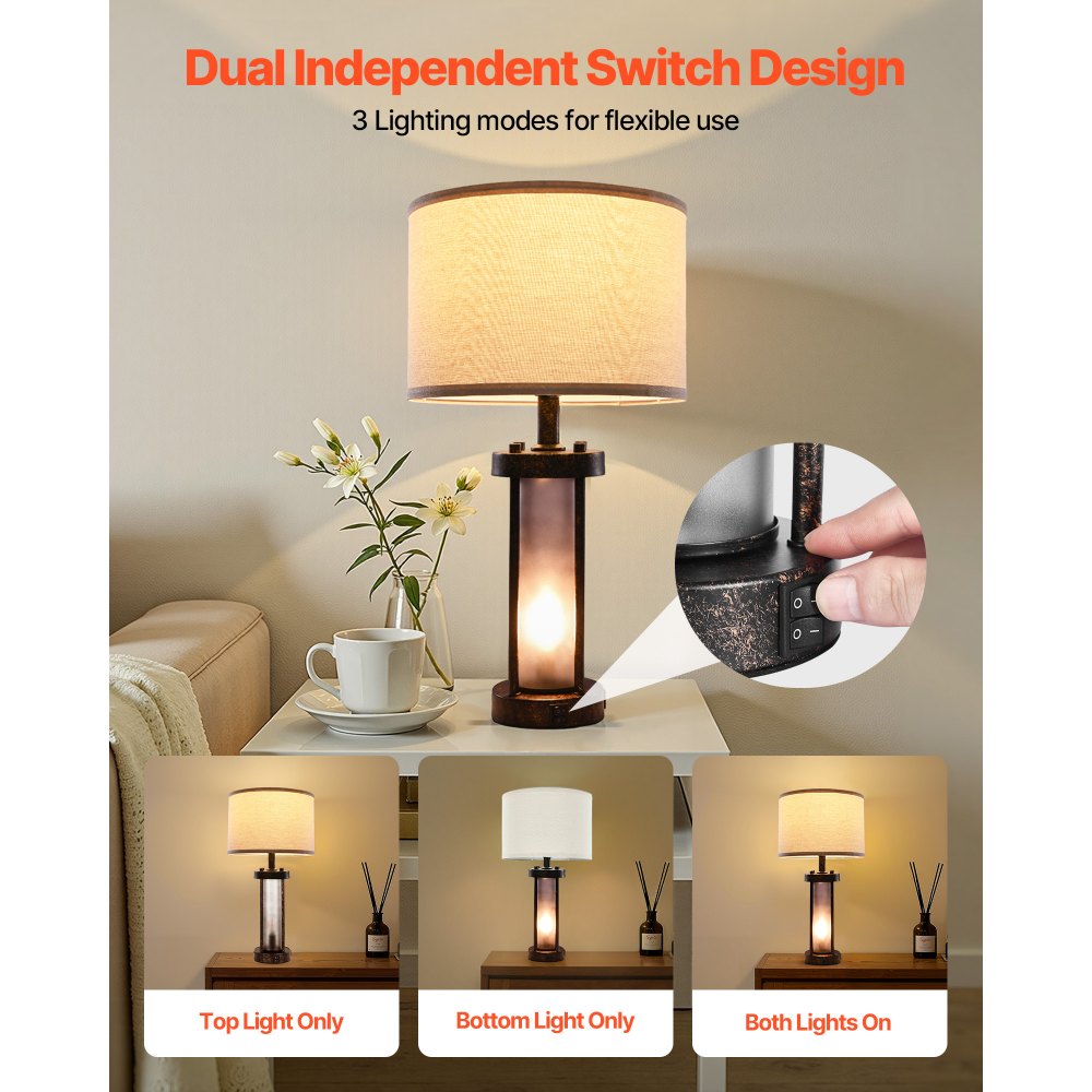 VEVOR Table Lamps Set of 2, Dimmable Farmhouse Bedside Nightstand Lamps, Vintage Lamp with LED Bulb and Linen Shades, Bedside Lamp with USB C+A Ports & AC Outlet, for Living Room, Bedroom & Office