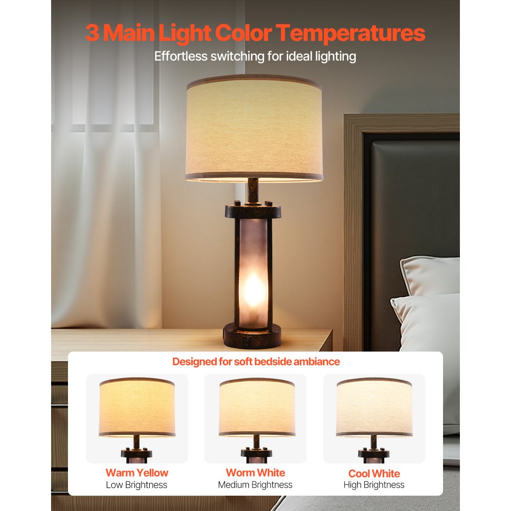 VEVOR Table Lamps Set of 2, Dimmable Farmhouse Bedside Nightstand Lamps, Vintage Lamp with LED Bulb and Linen Shades, Bedside Lamp with USB C+A Ports & AC Outlet, for Living Room, Bedroom & Office