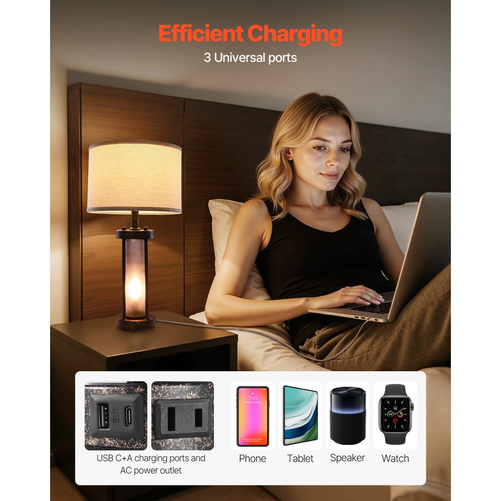 VEVOR Table Lamps Set of 2, Dimmable Farmhouse Bedside Nightstand Lamps, Vintage Lamp with LED Bulb and Linen Shades, Bedside Lamp with USB C+A Ports & AC Outlet, for Living Room, Bedroom & Office