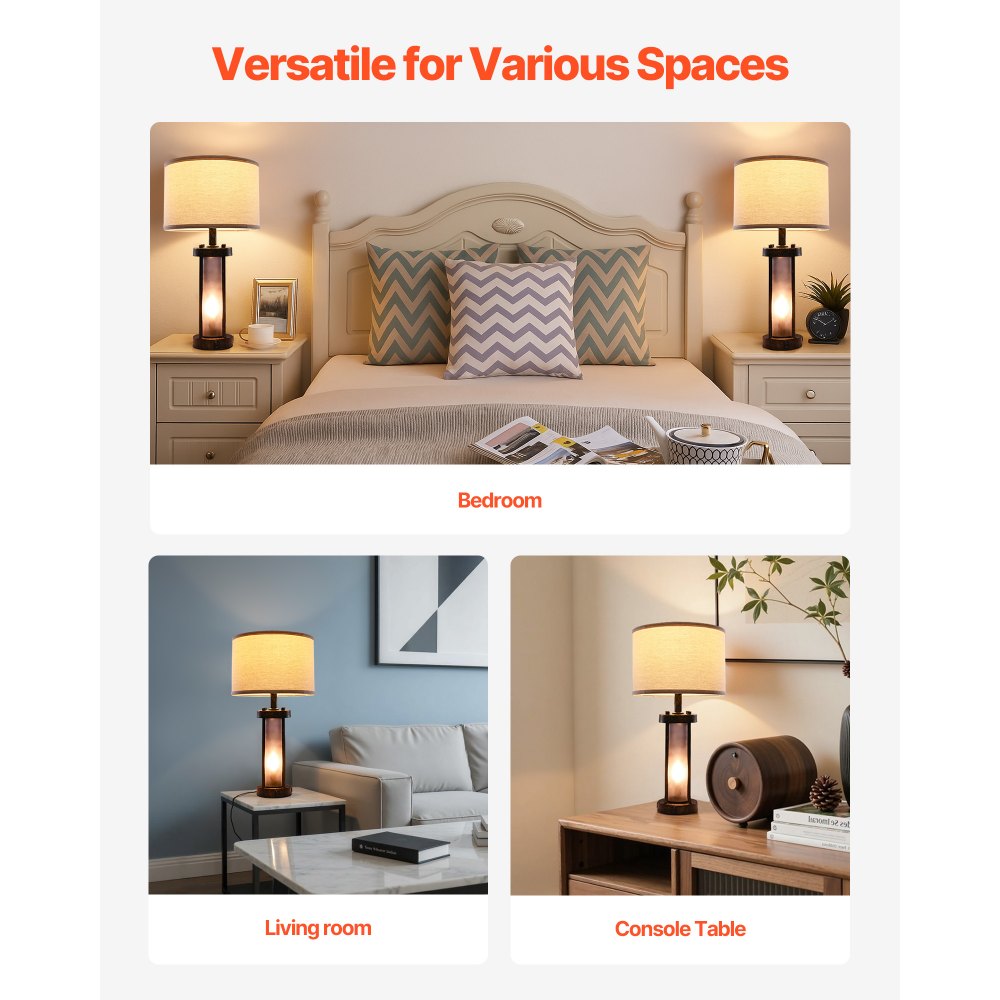 VEVOR Table Lamps Set of 2, Dimmable Farmhouse Bedside Nightstand Lamps, Vintage Lamp with LED Bulb and Linen Shades, Bedside Lamp with USB C+A Ports & AC Outlet, for Living Room, Bedroom & Office