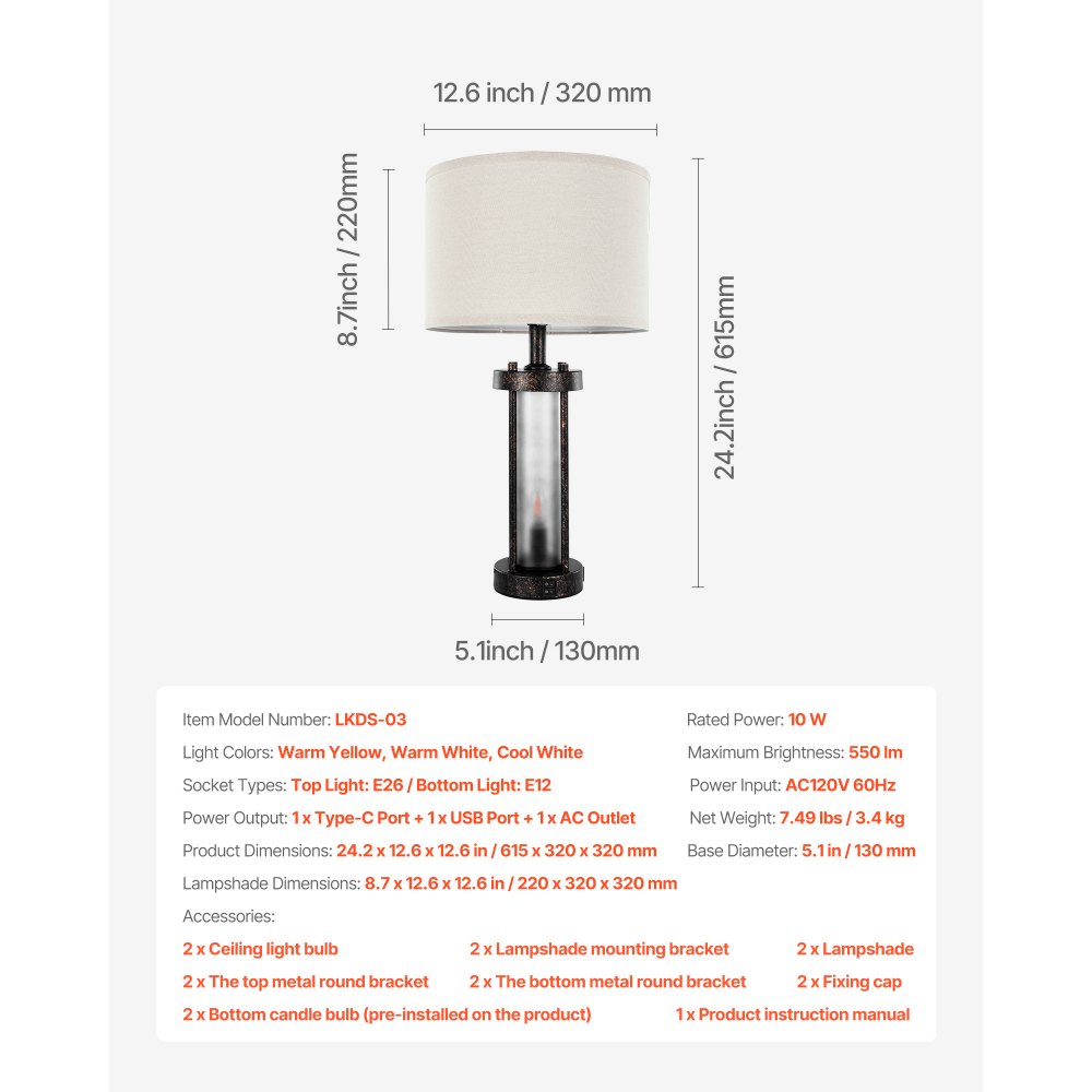 VEVOR Table Lamps Set of 2, Dimmable Farmhouse Bedside Nightstand Lamps, Vintage Lamp with LED Bulb and Linen Shades, Bedside Lamp with USB C+A Ports & AC Outlet, for Living Room, Bedroom & Office