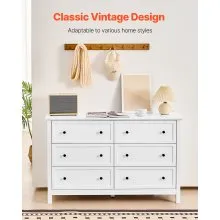 VEVOR 6 Drawer Dresser Wooden Chest of Drawer w/ Sliding & Anti-tip Device White