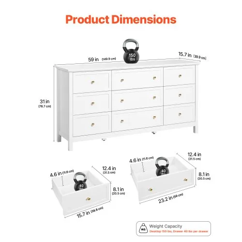 VEVOR White 9 Drawer Dresser  150 lbs Load, Each 40 lbs