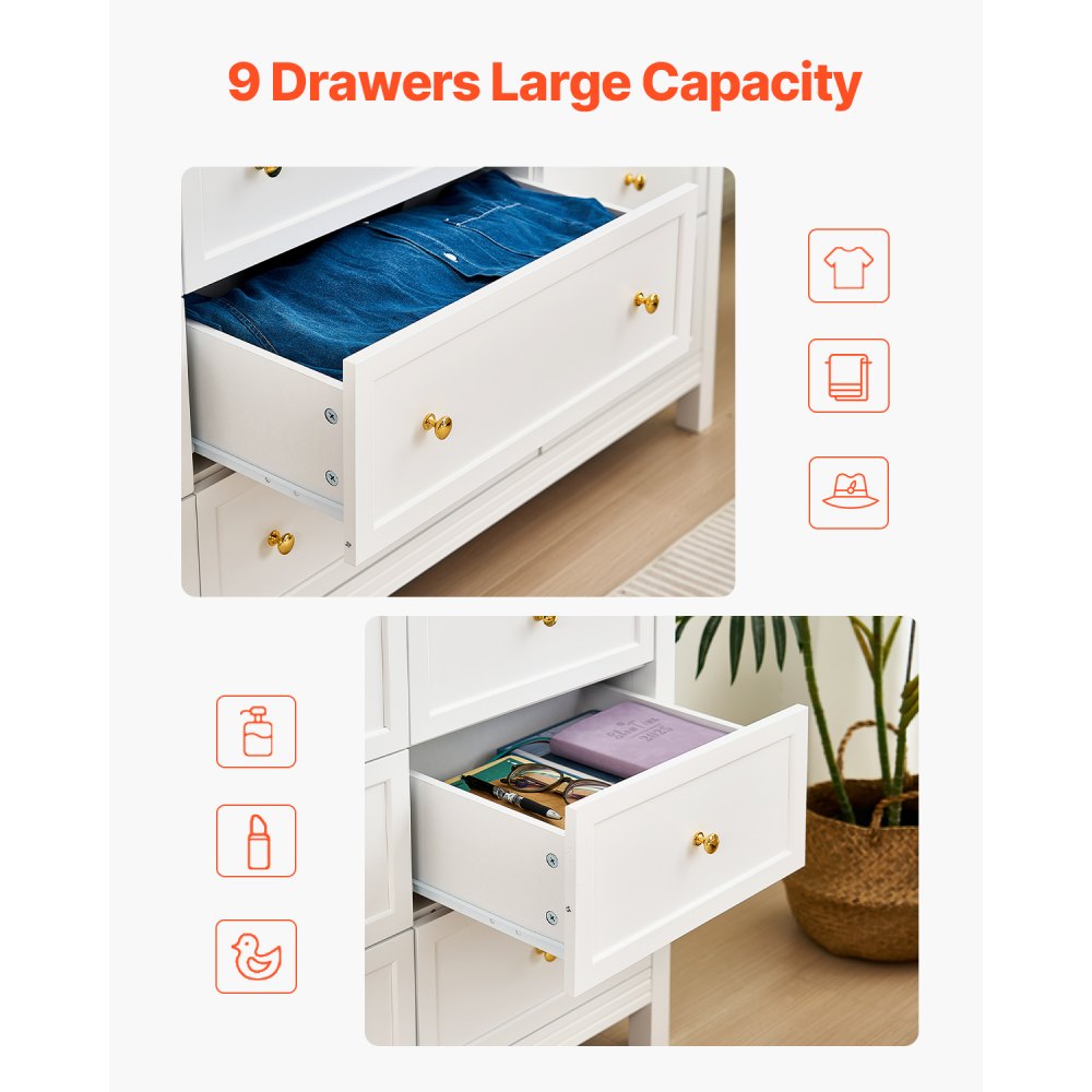 VEVOR 9 Drawer Dresser, Wooden Chest of Drawers with Sliding and Anti-tip Device, Retro Minimalist Dresser Chest, Closet Storage TV Stand Organizer for Living Room, Hallway, Bedroom, Entryway, White