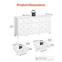 VEVOR 9 Drawer Dresser Wooden Chest of Drawer w/ Sliding & Anti-tip Device White