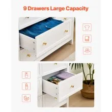 VEVOR 9 Drawer Dresser Wooden Chest of Drawer w/ Sliding & Anti-tip Device White