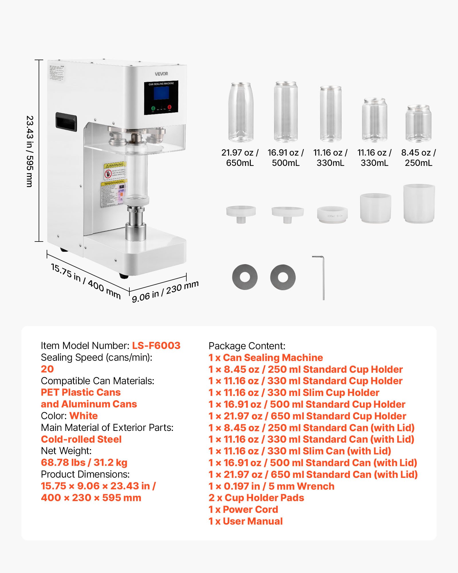 VEVOR Can Sealer Machine, Automatic Commercial Soda Can Sealing Machine for 55 mm (55 mm) Aluminum and Plastic Cans, Height Adjustable, Steel Housing Beverage Drink Seamer, for Coffee Shop, White