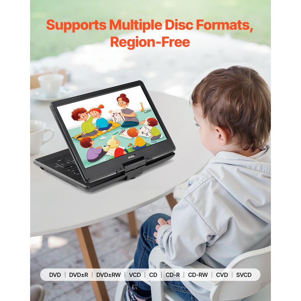 VEVOR Portable DVD Player, 14 inch HD Swivel Display Screen, 4.5-5 Hours Built-in Rechargeable Battery, Dual Speakers, Support Sync TV/USB/SD Card/CD/DVD, Car Charger, AC Power Adapter, Remote Control