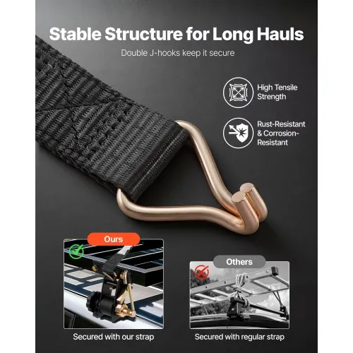 VEVOR Ladder Rack Ratchet Straps – 1.5 Inch X 7.4 Ft, Black Square Tube Mount, 500 Lb Working Load, Double J-Hooks – 2-Pack Heavy Duty For Roof Racks