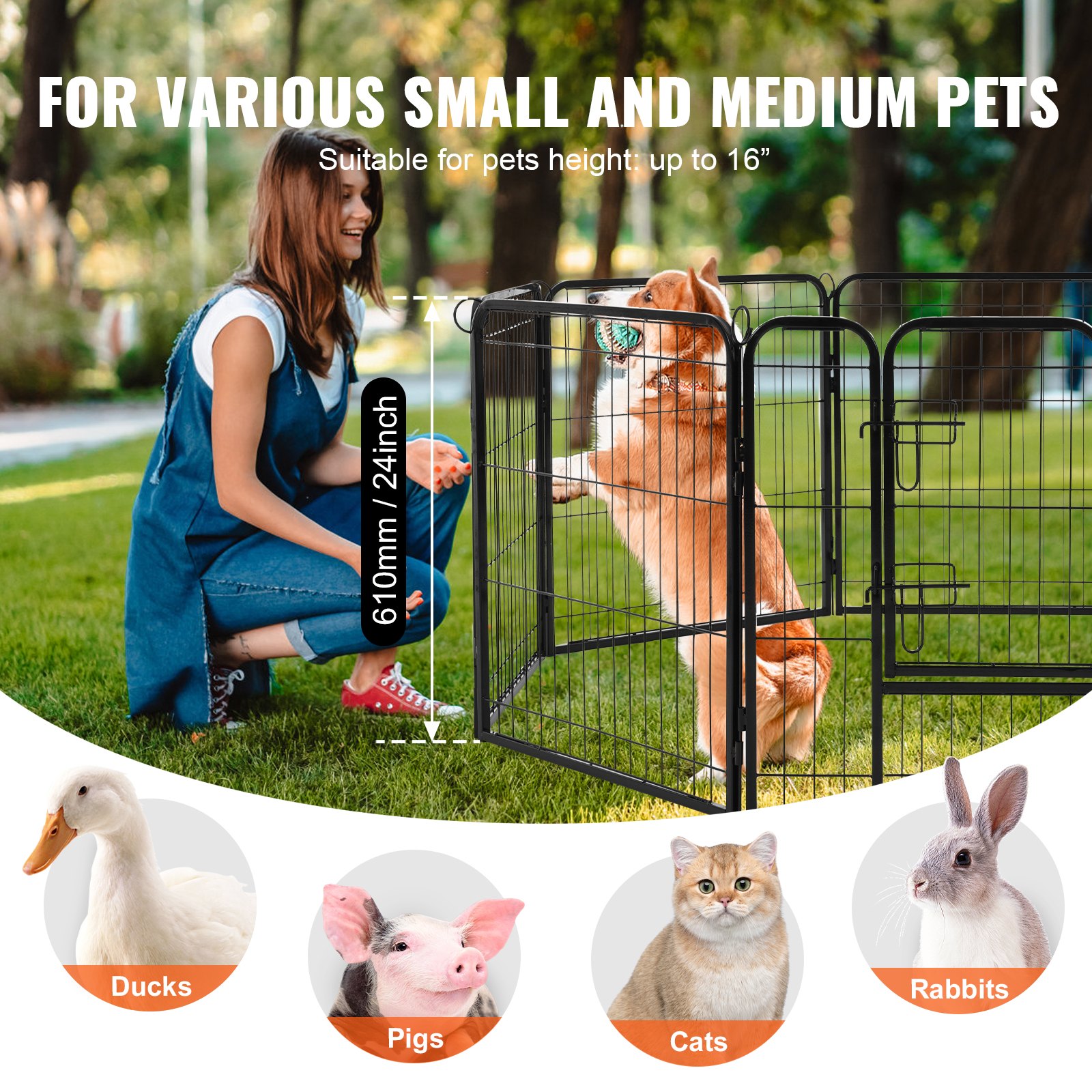 VEVOR Dog Playpen, 8 Pcs 24 x 24 in Panels Foldable Metal Pet Exercise Pen, Dog Fence Indoor and Outdoor Pen with Door, Storage Bag and Bottom Pad, Pet Playpen for Dogs, Cats and Other Small Animals