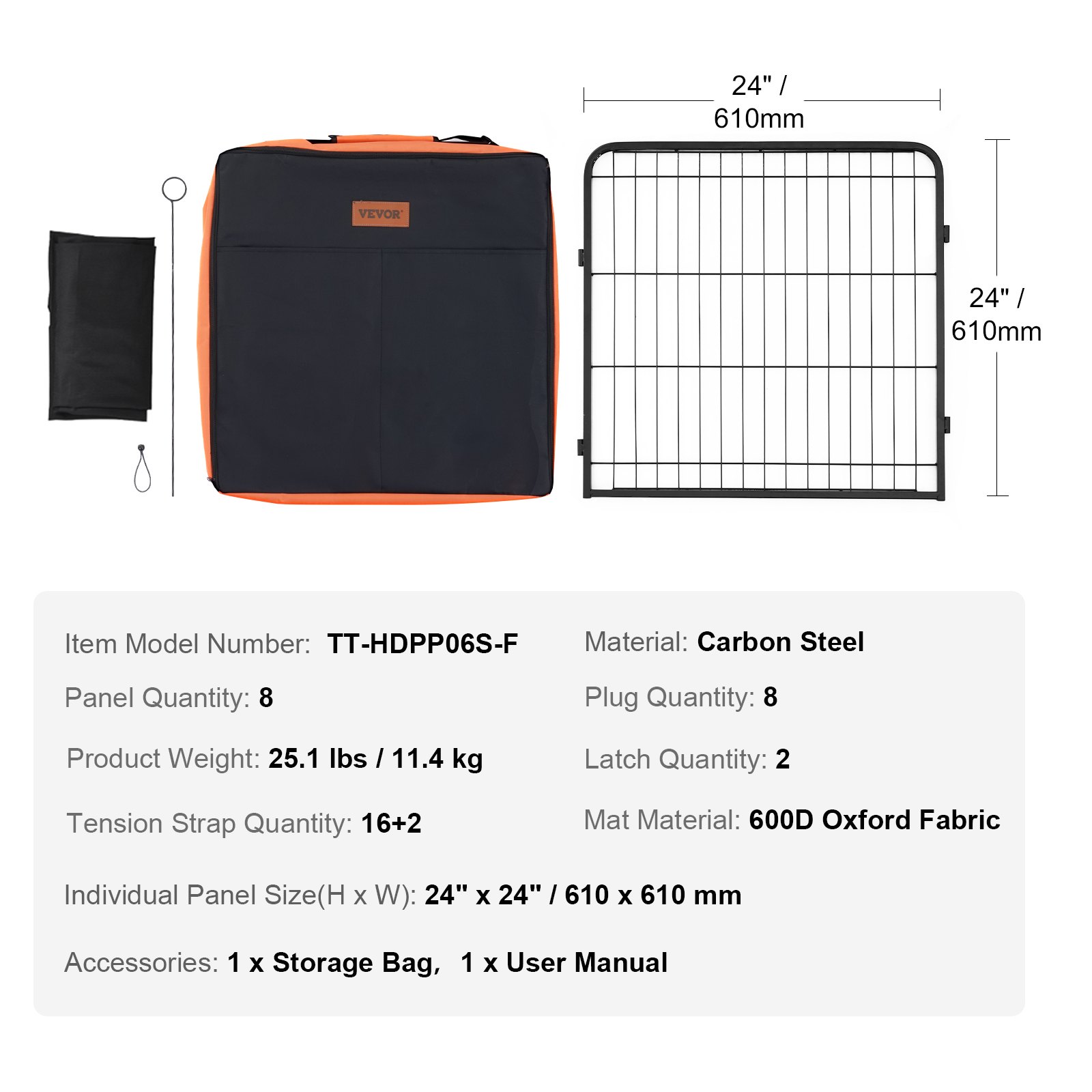 VEVOR Dog Playpen, 8 Pcs 24 x 24 in Panels Foldable Metal Pet Exercise Pen, Dog Fence Indoor and Outdoor Pen with Door, Storage Bag and Bottom Pad, Pet Playpen for Dogs, Cats and Other Small Animals