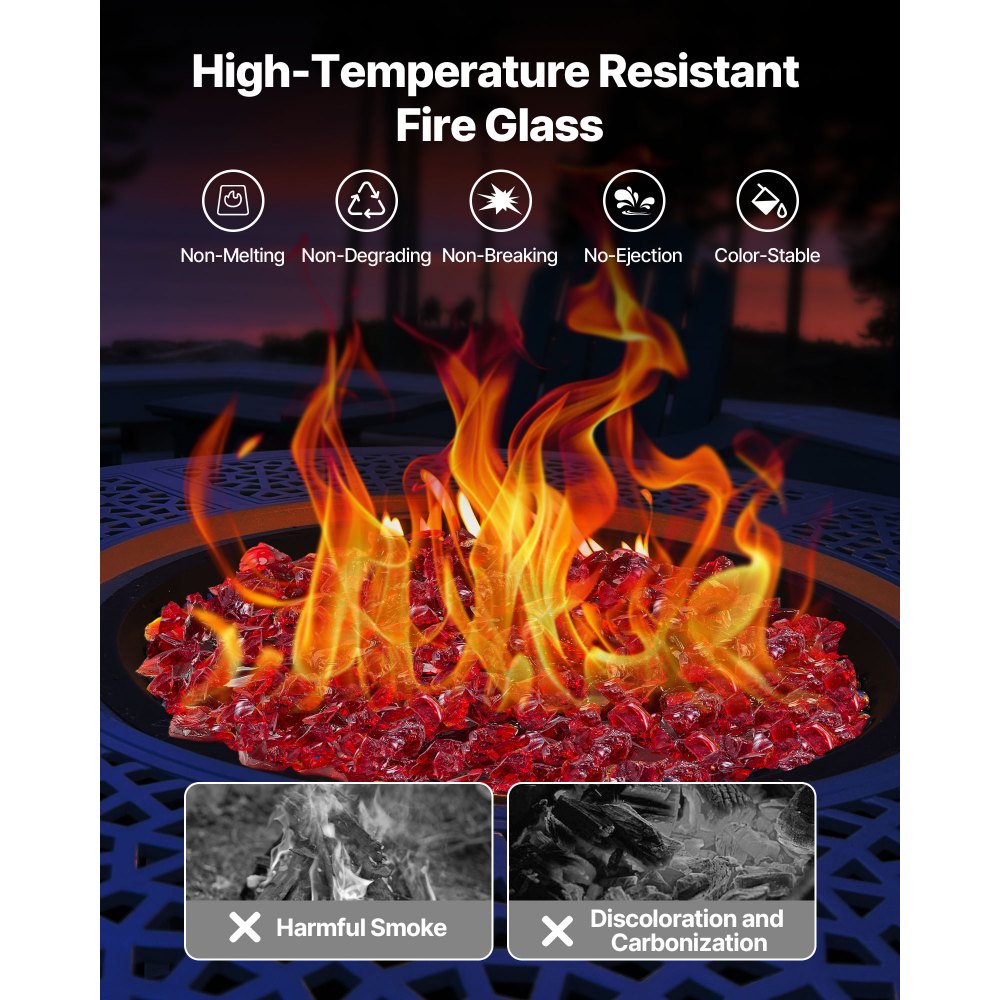VEVOR Fire Glass, 10 LBS / 4.5 KG Smokeless & High-Temperature Resistant Fireplace Rocks, 3/4-Inch / 19.05 mm Reflective Firepit Glass Rock, High Luster Stone Landscaping for Fire Pit Table, Red