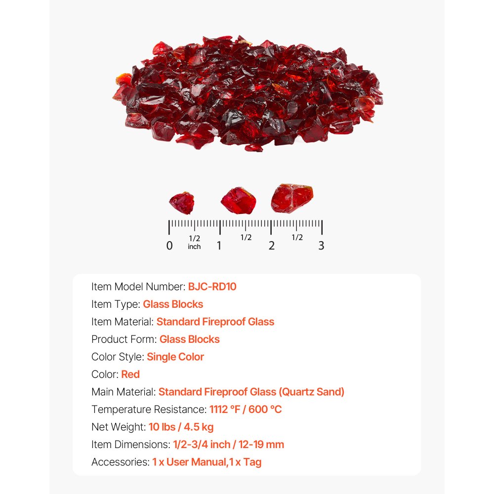 VEVOR Fire Glass, 10 LBS / 4.5 KG Smokeless & High-Temperature Resistant Fireplace Rocks, 3/4-Inch / 19.05 mm Reflective Firepit Glass Rock, High Luster Stone Landscaping for Fire Pit Table, Red