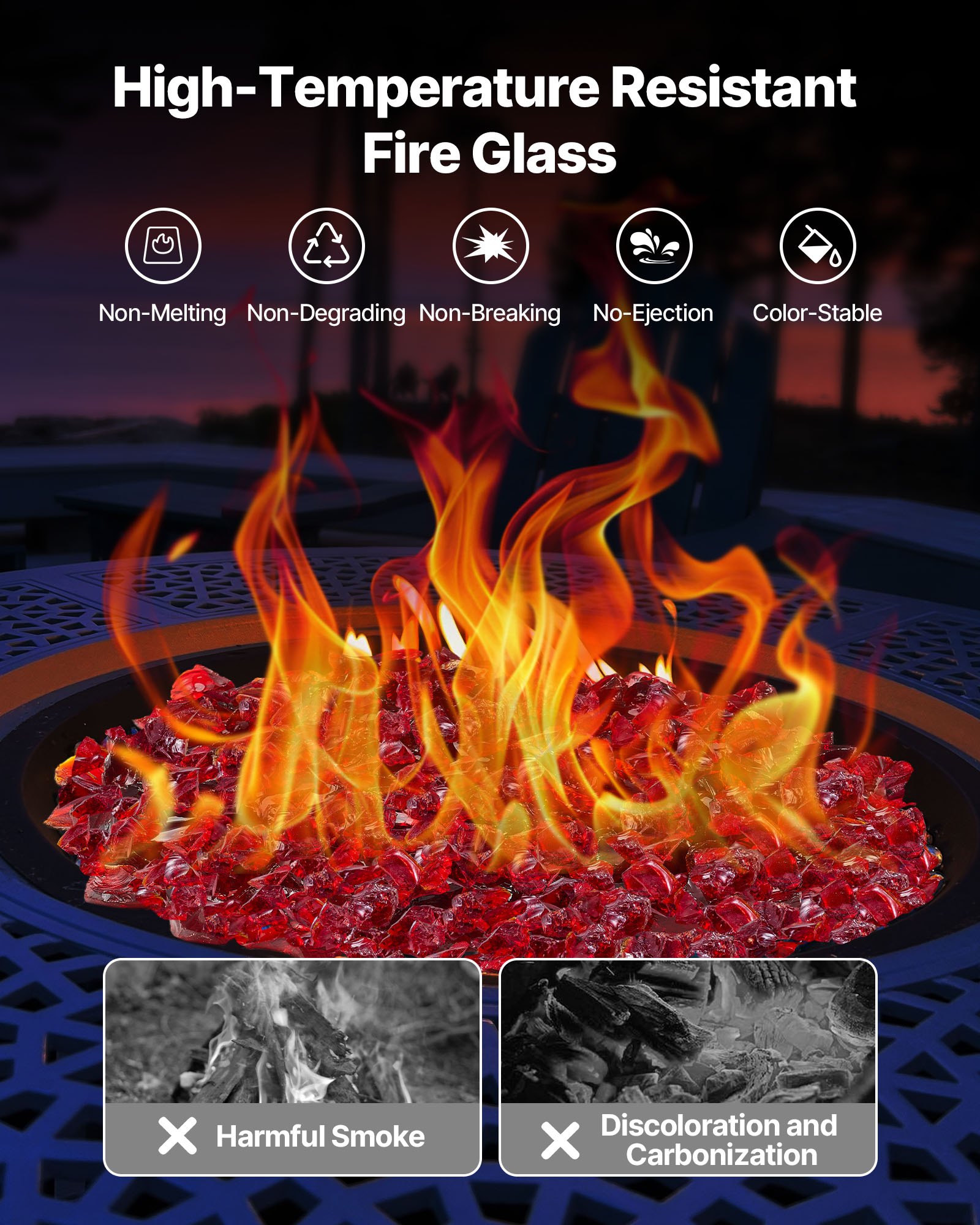 VEVOR Fire Glass, 10 LBS / 4.5 KG Smokeless & High-Temperature Resistant Fireplace Rocks, 3/4-Inch / 19.05 mm Reflective Firepit Glass Rock, High Luster Stone Landscaping for Fire Pit Table, Red