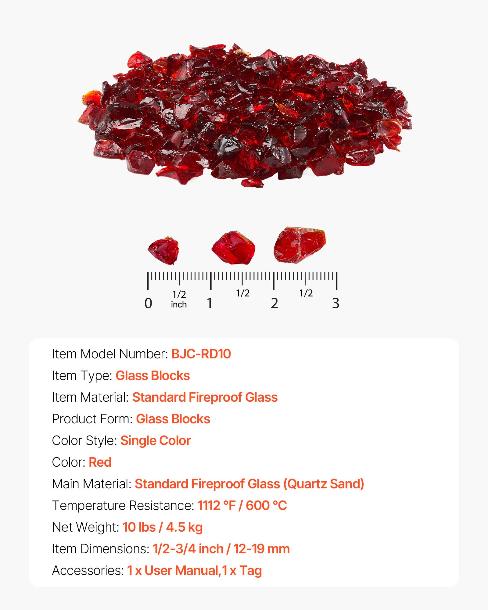 VEVOR Fire Glass, 10 LBS / 4.5 KG Smokeless & High-Temperature Resistant Fireplace Rocks, 3/4-Inch / 19.05 mm Reflective Firepit Glass Rock, High Luster Stone Landscaping for Fire Pit Table, Red