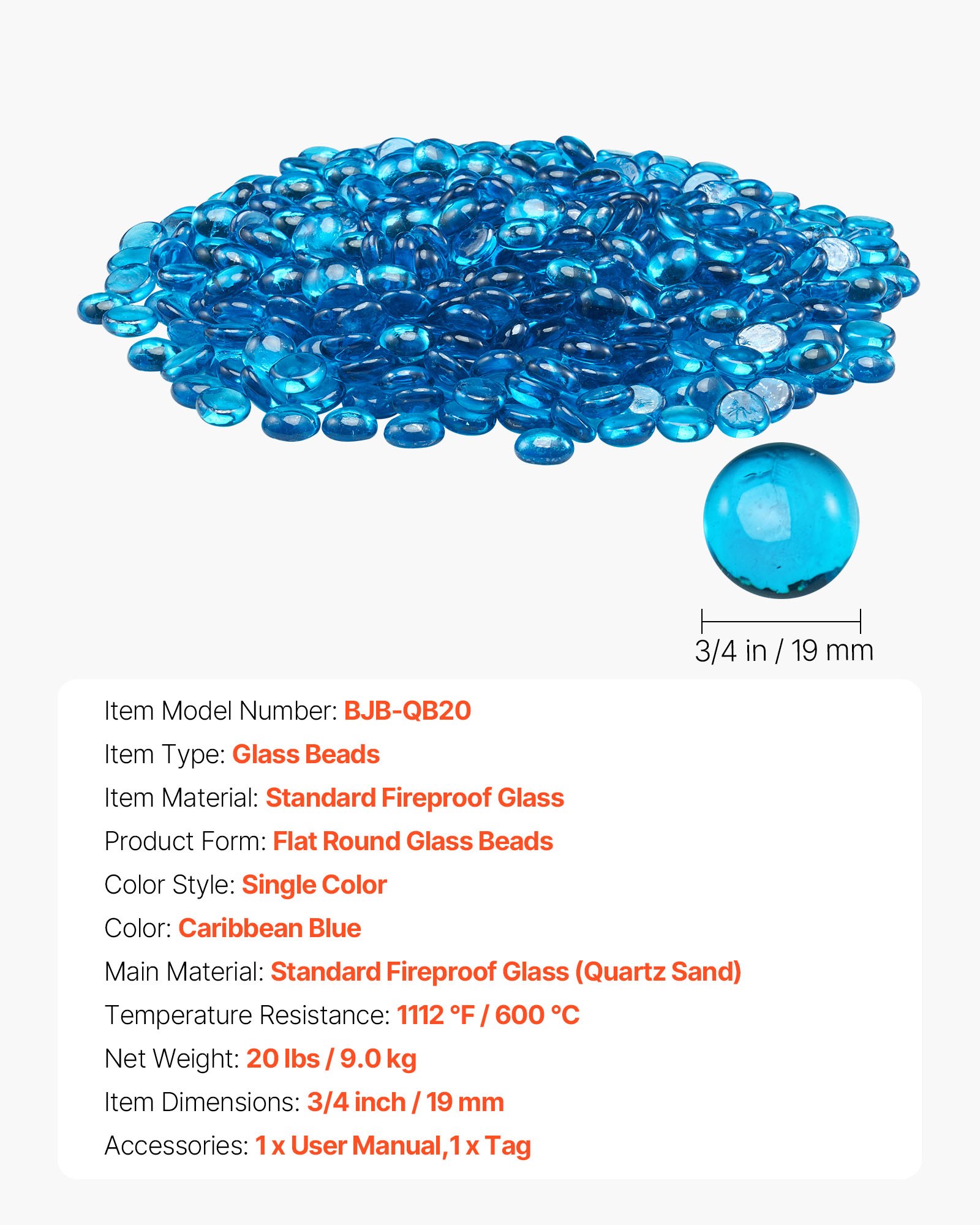 VEVOR Fire Glass, 20 lbs / 9.0 kg High-Temperature Resistant Fireplace Rocks, 3/4-Inch / 19.05 mm Reflective Firepit Glass Beads, High Luster Stone Landscaping for Fire Pit Table, Caribbean Blue