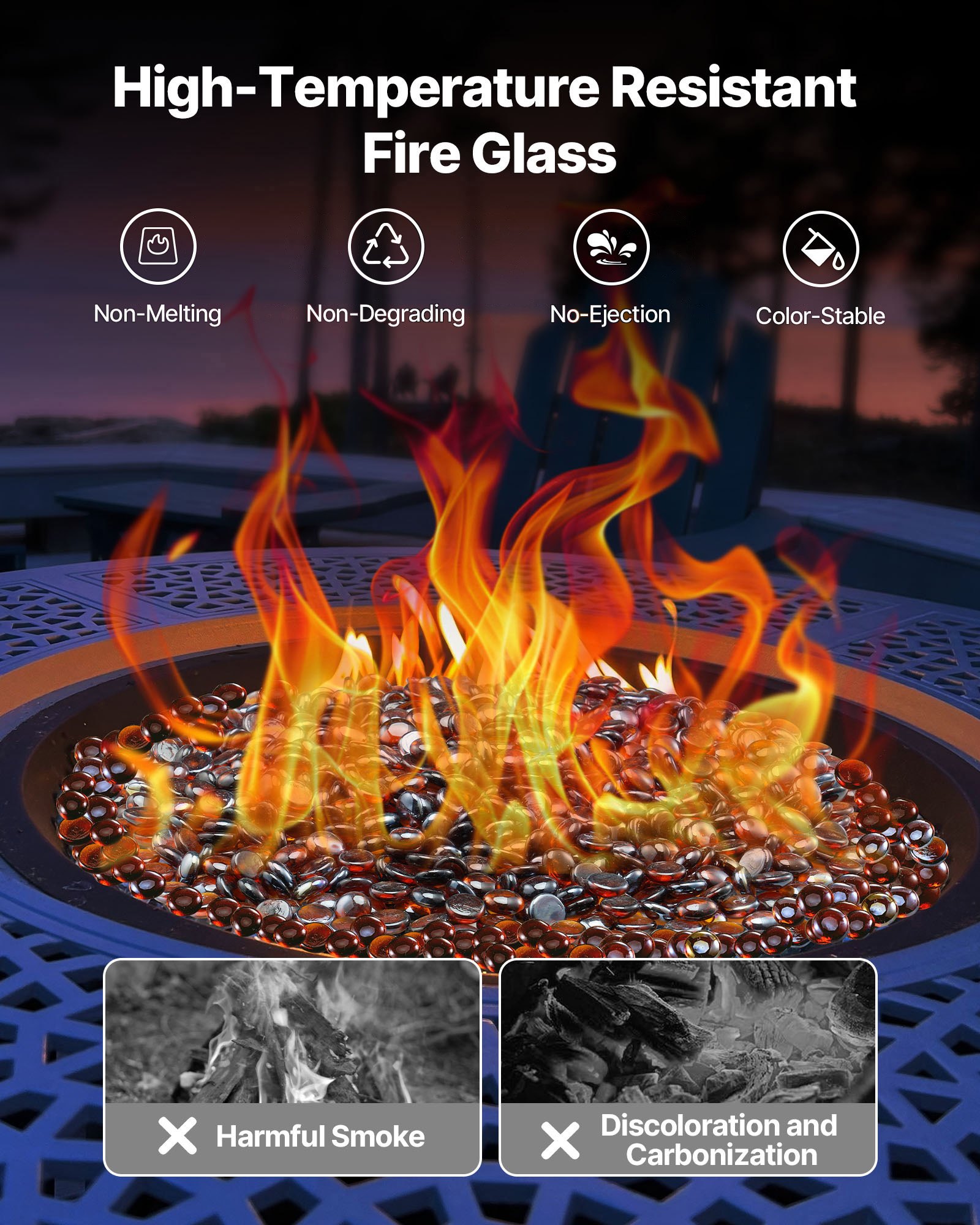 VEVOR Fire Glass, 10LBS / 4.5KG High-Temperature Resistant Fireplace Rocks, 3/4-Inch / 19.05 mm Reflective & Smokeless Firepit Glass Beads, High Luster Stone Landscaping for Fire Pit Table, Rich Amber