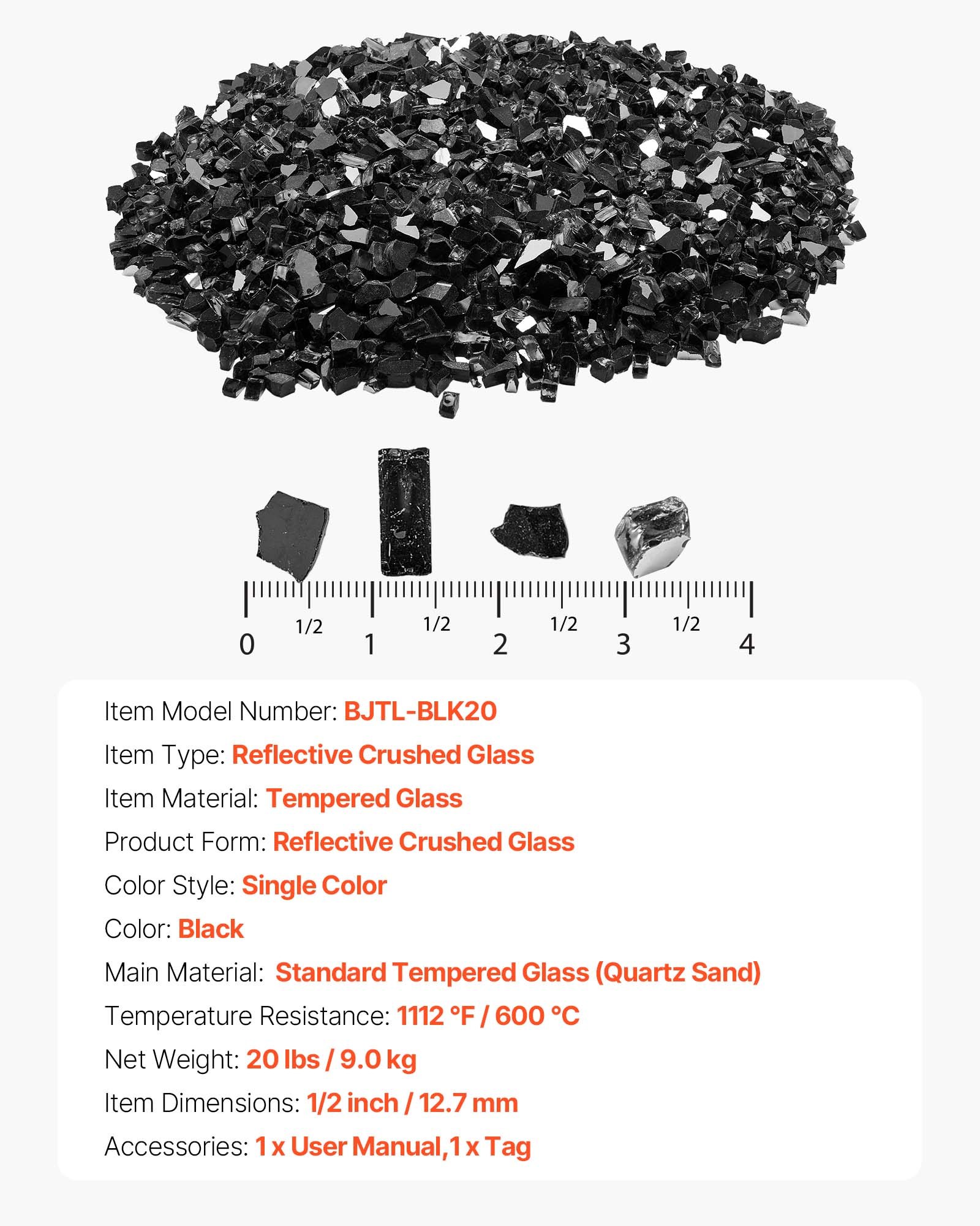 VEVOR Fire Glass, 20 LBS / 9.0 KG High-Temperature Resistant Fireplace Rocks, 1/2-Inch / 12.7 mm Reflective & Smokeless Firepit Glass Rock, High Luster Stone Landscaping for Fire Pit Table, Black